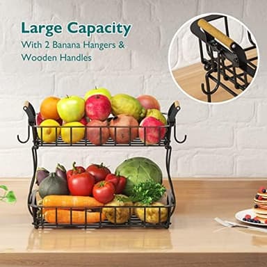 2-Tier Countertop Fruit Basket Bowl Storage with Two Banana Hangers and Wooden Handles, Black - Image 4