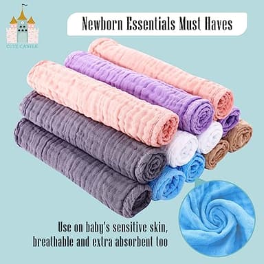 Cute Castle 12 Pack Muslin Burp Cloths for Baby - Ultra-Soft 100% Cotton Baby Washcloths - Large 20'' by 10'' Super Absorbent Milk Spit Up Rags - Burpy Cloths for Unisex, Boy, Girl - Multicolor - Image 6
