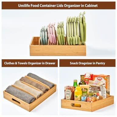 Umilife Kitchen Cabinet Organizer for Food Storage Container Lids, with Adjustable Dividers, Bamboo Drawer Caddy, Box for Kitchen Storage And Organization - Image 6