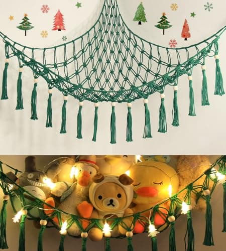 Stuffed Animal Toy Storage Hammock with LED Light - Macrame Jumbo Doll Corner Stuff Animals Organizer Decorations - Cute Plushie Net Kids Baby Nursery Bedroom Room Decor Christmas Green - Image 1