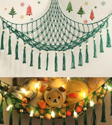 Stuffed Animal Toy Storage Hammock with LED Light - Macrame Jumbo Doll Corner Stuff Animals Organizer Decorations - Cute Plushie Net Kids Baby Nursery Bedroom Room Decor Christmas Green - Image 1