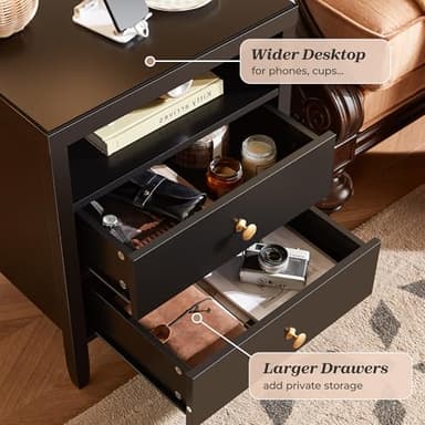 Huuger Black Nightstand Set of 2, Night Stand with Charger Station, Bedside Table with 2 Drawers, Bed Side Tables for Bedroom, Modern Nightstands, Metal Knobs, Painted Surface - Image 7