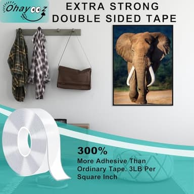 Ohayooz® Extra Strong Double Sided Tape Heavy Duty Removable 10FT, Clear Sticky Adhesive Nano Tape Tough Washable Waterproof Mounting Tape for Hanging Picture, Poster, Carpet, Photo Deco - Image 2