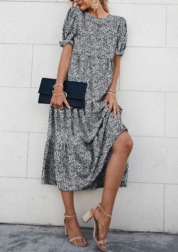 PRETTYGARDEN Summer Dresses for Women 2025 Casual Floral Boho Midi Sun Dress Puff Short Sleeve Flowy Beach Vacation Sundress (Black/White,Large) - Image 4