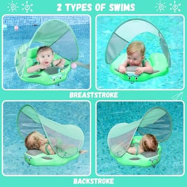 GENTEACO Mambobaby Baby Pool Float with Removable Canopy 3-24 Months Baby Float Non-Inflatable Infant Swim Float Add Tail Avoid Flip Skin-Friendly Material Swim Trainer for Toddler Boys Girls (Green) - Image 4