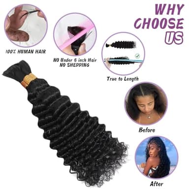 Afihond Human Braiding Hair For Boho Braids Deep Water Wave Bulk Human Hair for Braiding 12A Wet and Wavy Curly 100% Human Hair Extensions 3 Bundles 110g Natural Color 22inch - Image 4