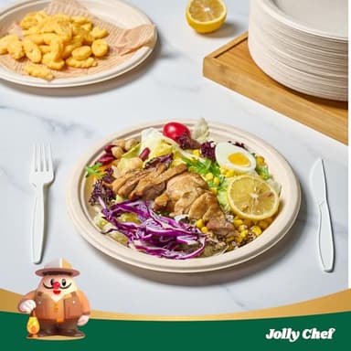 JOLLY CHEF 100% Compostable Paper Plates, 150 Pack 9 Inch Heavy Duty Plates, Disposable Biodegradable Eco-Friendly Sugarcane, Bulk Nature - Image 2