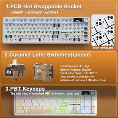 AULA F108 PRO - Wireless Mechanical Keyboard with Screen&Knob,Hot Swappable Gaming Keyboard with 8000mAh Battery,Pre-lubed Switches,RGB Backlit,PBT Keycaps Creamy Sounding Computer Keyboards,104 Keys - Image 5