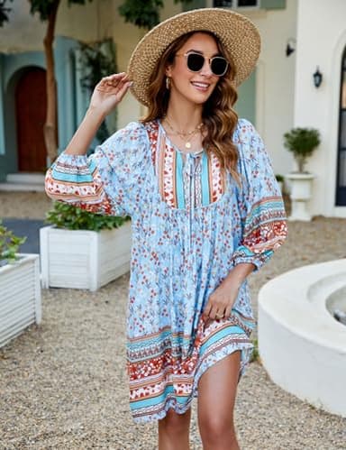 Bluetime Women Casual Summer Dress Boho V Neck 3/4 Sleeve Babydoll Floral Print Flowy Beach Dress (S, Light Blue) - Image 3