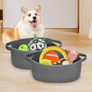ABenkle Small Woven Storage Basket with Handles - 12"x8"x5", Decorative Rope Bin for Home Organization, Cat & Dog Toys, Shelf Storage, Gift Basket - Deep Grey - Image 3