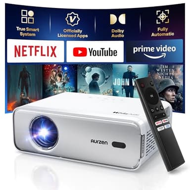 Aurzen EAZZE D1 Smart Projector with WiFi and Bluetooth, Netflix-Officially-Licensed, Auto Focus & Keystone, DoIby Audio, Zoom, Native 1080P Movie, Portable Outdoor Mini Projector, Silver - Image 1