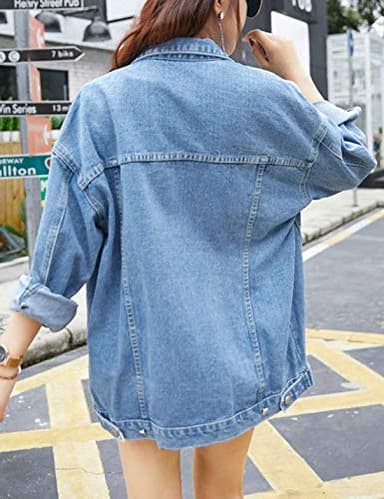 Omoone Women's Oversized Mid Long Denim Jacket Jean Biker Coat(0199-Denim Blue-XL) - Image 7