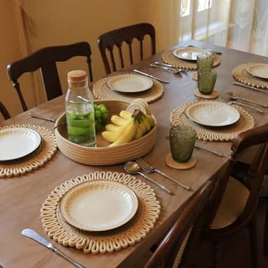 AHHFSMEI Round Woven Placemats Set of 4,13 inches Natural Cotton Blend Farmhouse Hand-Woven Place Mats Braided Rattan Table Mats for Dining Table(Light Brown Flower 4) - Image 5