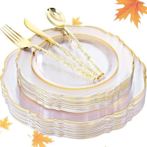 Liacere 150PCS Clear Gold Plastic Plates - Disposable Plastic Silverware with Glitter Bamboo Handle Cutlery-Baroque Clear Gold Disposable Plates for Wedding & Party & Thanksgiving &Fall Decor - Image 1