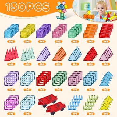 Paaxido Magnetic Tiles, 130PCS Magnetic Blocks Set with 2 Cars, 4D Diamond Magnet Building Blocks, STEM Preschool Educational Magnet Toys Gift for Kids, Boys and Girls 3 4 5 6 7 8+ Year Old - Image 5