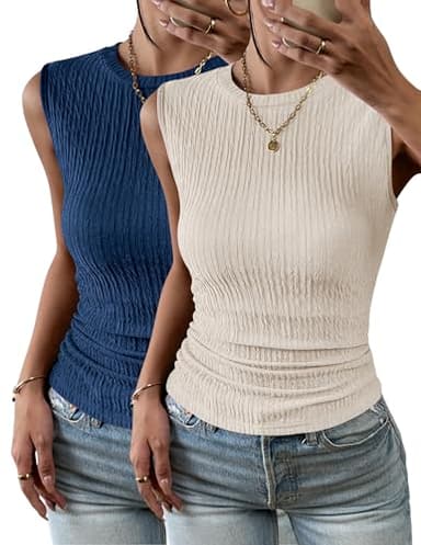 Zeagoo Women's 2 Pack High Neck Slim Fitted Basic Tank Top Knit Textured Sleeveless Blouses - Image 1