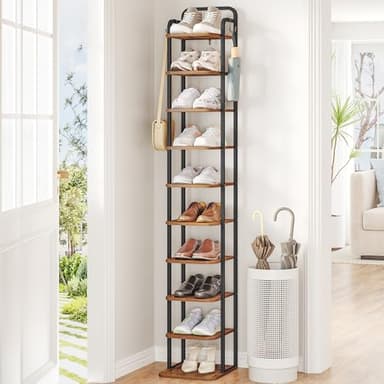 Hzuaneri 10 Tiers Vertical Shoe Rack, Narrow Shoe Tower, Tall Shoes Shelf with 2 Hooks, Adjustable Shelves, Corner Shoes Shelves for Small Spaces, Entryway, Living Room, Rustic Brown SR11201B - Image 1