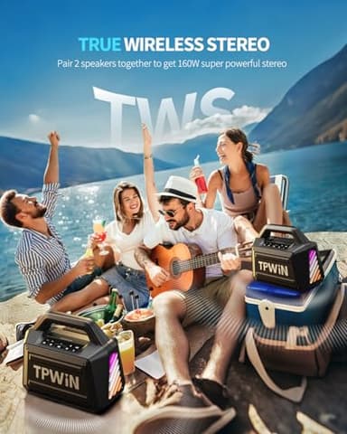 TPWIN Bluetooth Speaker - 80W Loud Rugged Outdoor Speakers, IPX6 Waterproof, 20H Playtime, Deep Bass, Lightshow, TWS, BT 5.3 Wireless, Portable for Travel Hiking Camping Beach Pool - Black - Image 7