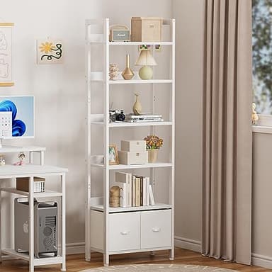 Furologee White 6 Tier Bookshelf with Drawers, Tall 71" Bookcase with Shelves, Modern Wood and Metal Bookshelves Storage Organizer, Display Free Standing Shelf Unit for Bedroom, Living Room, Office - Image 2