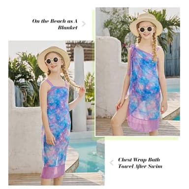 uideazone Girls One Piece Swimsuit with Wrap Skirt Purple Starry Sky Printed Swimwear Size 5 6 Sun Protection Bathing Suit Two Piece Coverups Sets for Beach Surfing - Image 3