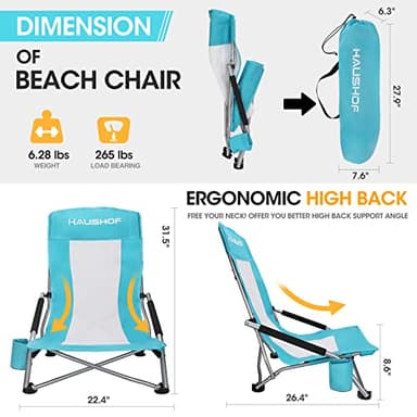 HAUSHOF High Back Beach Chair, Mesh Back Folding Chair, Lightweight Low Seat Camping Chairs with Cup Holder, Carry Bag, Padded Armrest for Outdoor Beach Lawn Camping Picnic Festival - Image 2