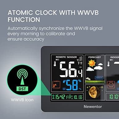 Newentor Weather Station Wireless Indoor Outdoor Thermometer, Color Display Digital Weather Thermometer with Atomic Clock, Barometric Pressure, Forecast Station with Adjustable Backlight, Black - Image 4
