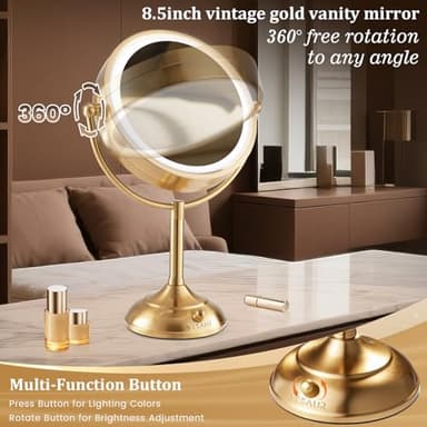 VESAUR 8.5'' Large Gold Lighted Makeup Mirror, 1X/10X Clear Seamless Magnifying Mirror, Bright Vanity Mirror with 3 Colors Dimmable Lights, Two-Sided 360°Rotation Stable Base, Luxury Nickel, Gift Box - Image 7