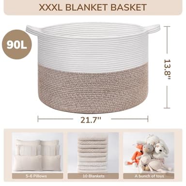 INDRESSME XXXLarge Cotton Rope Basket 21.7" x 21.7" x 13.8" Woven Baby Laundry Blanket Basket Toy Baskets with Handle Storage Comforter Cushions Thread Laundry Hamper Home Decor Living Room - Image 5