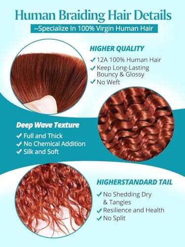 100g 3 Bundles/Pack Dark Ginger Human Braiding Hair for Boho Braids 16 Inch Curly Boho Hair for Braiding Knotless 12A Deep Wave Bulk Bohemian Color 350 - Image 4