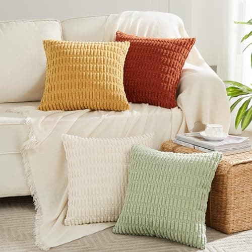 Fancy Homi 4 Packs Boho Fall Decorative Throw Pillow Covers 18x18 Inch for Living Room Couch Bed Sofa, Rustic Farmhouse Home Decor, Soft Plush Striped Corduroy Square Cushion Case 45x45 cm - Image 1