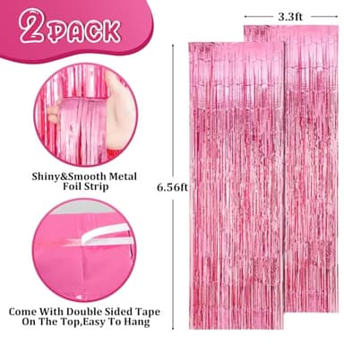 Voircoloria 2 Pack Pink Tinsel Foil Fringe Curtains, Pink Party Decorations, Metallic Tinsel Party Streamers Backdrop for Birthday Baby Shower Graduation Wedding Bachelorette Party Decorations - Image 3