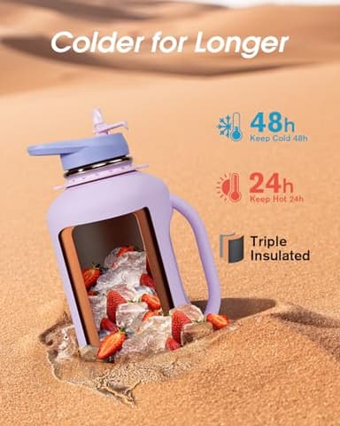 Coolflask Half Gallon Water Bottle with Straw, 64 oz Insulated Stainless Steel Water Jug With Handle Metal Double-Walled Vacuum Large Flask With Strap Leakproof, Keep Cold 48 Hrs Hot 24hrs, Lavender - Image 3