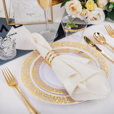 WELLIFE 175Pcs Gold Dinnerware Sets, Include:25 Dinner Plates, 25 Dessert Plates, 25 Paper Napkins, 25 Cups, 25 Plastic Cutlery Set - Image 2