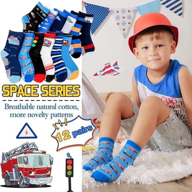 Welwoos Baby Boys Grips Socks Kids Toddlers Infants Non Slip Anti Skid Funny Animal Cartoon Gift Cotton Truck Socks with Grippers 12 Pairs Stocking Stuffers (Cars,3-5 Y) - Image 3