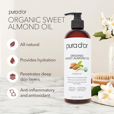 PURA D'OR 16 Oz ORGANIC Sweet Almond Oil - 100% Pure & Natural USDA Certified Cold Pressed Carrier Oil For DIY Beauty - Non-Greasy, Unscented, Hexane Free Moisturizer - Massage Oil For Hair & Skin - Image 2