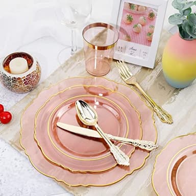 KIRE 210Pcs Clear Pink Plastic Plates with Gold Rim - Disposable Gold Silverware &Pink Cups&Hand Napkin - Plum Colored Plastic Dinnerware for Upscale Wedding - Image 7