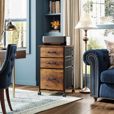 DEVAISE Mobile File Cabinet, Rolling Printer Stand with 3 Drawers, Fabric Vertical Filing Cabinet fits A4 or Letter Size for Home Office, Rustic Brown Wood Grain Print - Image 2