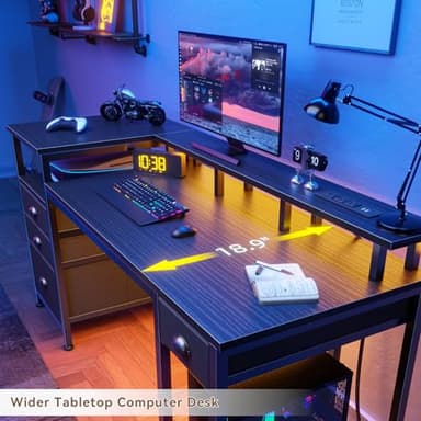 Furologee 60" Black Computer Desk with 4 Drawers and Printer Space, Gaming Desk with LED Lights and USB Power Outlets, Home Office Desk with Fabric File Cabinet,Study Work Table with Shelf for Bedroom - Image 8