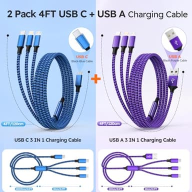 USB A + USB C Multi Charging Cable, 3 in 1 Chargers for Multiple Devices, Universal Charger with Multiple Connectors —Type C, IP, Micro USB Cable for iPhone17/16/15/14, iPad, Galaxy, Kindle(2Pack 4FT) - Image 2