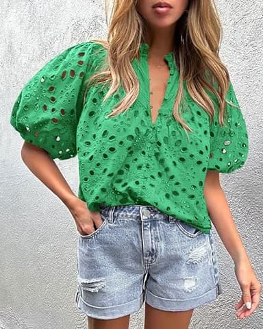 PRETTYGARDEN Women's Summer Tops 2025 Dressy Casual Short Sleeve V Neck Buttons Hollow Out Lace Embroidered Blouses Shirts (Green,Medium) - Image 7