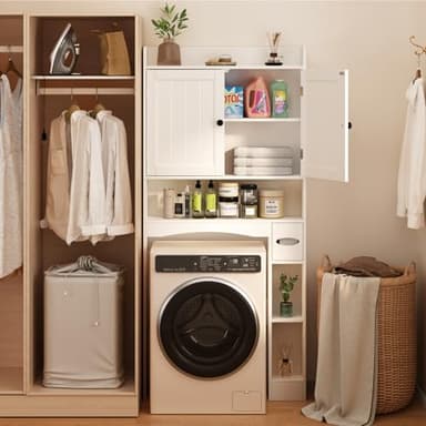 Ahomly Over The Toilet Storage Cabinet, 32.3" W Over Toilet Bathroom Organizer with Doors, Adjustable Shelves, Toilet Paper Holder, 2 Side Hooks, Space-Saver for Bathroom, Laundry, White - Image 8