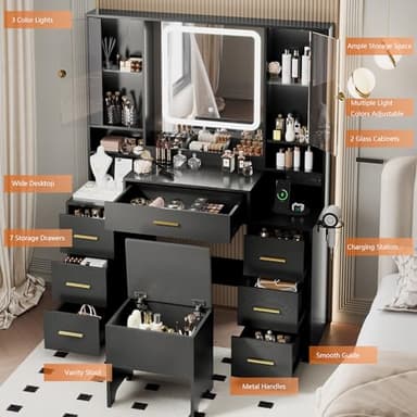 BORNOON Makeup Vanity with LED Light Strip Mirror and Chair, 7 Drawers & 2 RGB Cabinets Black Vanity Makeup Desk with Power Strip, Adjustable LED Lighting, and Cushioned Stool for Women, Girls, Teens - Image 3