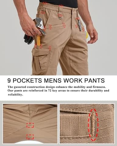 CNBQDD Work Pants for Men Construction Ripstop Cargo Tactical Pants Waterproof Lightweight Hiking Outdoor Pants with Pockets Khaki 44Wx34L - Image 2