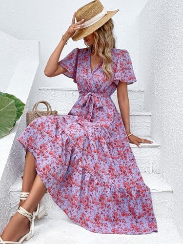MASCOMODA Womens Summer Boho Maxi Dress Floral Wrap V Neck Flutter Short Sleeve Tie Waist A Line Tiered Flowy Long Dresses(Purple and Red,XX-Large) - Image 6