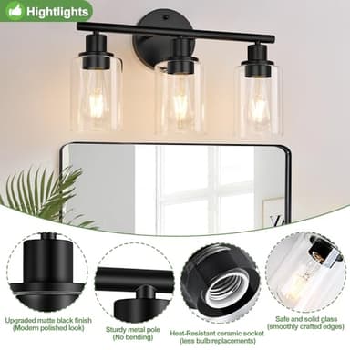 Zarbitta 3-Light Bathroom Light Fixtures, 17.23" Black Modern Vanity Lights with Clear Glass Shade, Bathroom Wall Lamp for Mirror Kitchen Living Room Hallway Cabinet Porch - Image 3