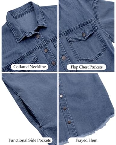 Vetinee Jean Jacket Women Oversized Boyfriend Bay Blue Front Button Up Frayed Raw Hem Long Sleeve Pockets Denim Jean Jacket Shacket X-Large Size 16 Size 18 - Image 6