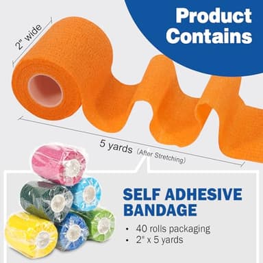 AZEN 40 Pack Self Adhesive Bandage Wrap, 2" X 5 Yards Elastic Cohesive Bandage Wrap, Color Athletic Tape, Vet Wrap, Ankle Tape, Tattoo Grip Tape Wrap - Image 2