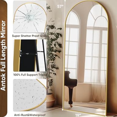 Antok Full Length Mirror, 58"x18" Floor Mirror with Stand, Hanging Mounted Mirrors for Bedroom, Living Room, Cloakroom, Dining Room, Gold, Arched - Image 6