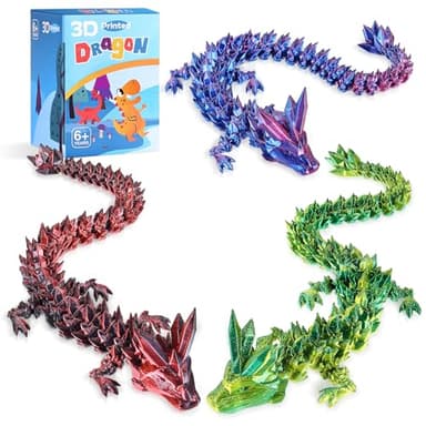 3pcs 12in 3D Printed Crystal Dragon,3D Printed Flexible Articulated Dragon,Home Office Decor Executive Desk Toys, Fidget Toys for Autism/ADHD - Image 1