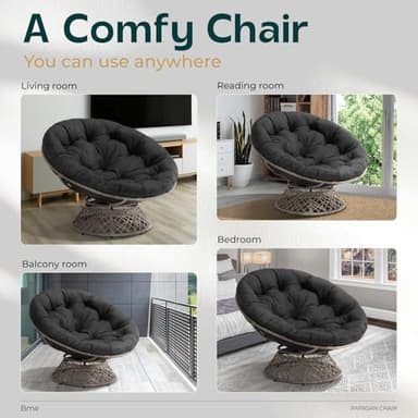 Bme Metal Oversized Swivel Papasan Chair, Living Room Chair with Black Cushion, Gray Frame, 360° Swivel, Skillfully Woven Resin Wicker, 46 Inch Wide, Bee-Designed Base, Modern Style, Indoor Use - Image 6